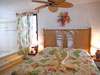 Tropical master bedroom has king-sized bed, rattan ceiling fan and large shower with garden view.